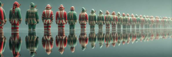 Colorful figurines lined along a reflective surface create a whimsical winter wonderland display in the heart of December photo