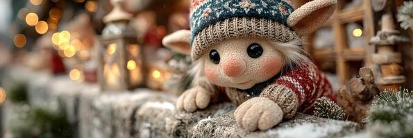 Charming winter elf decoration with knitted attire and cozy background during the holiday season photo