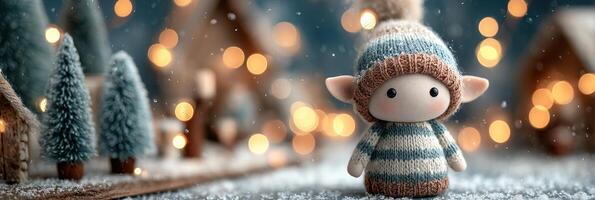 Festive elf toy in a snowy village with glowing lights during winter celebration photo