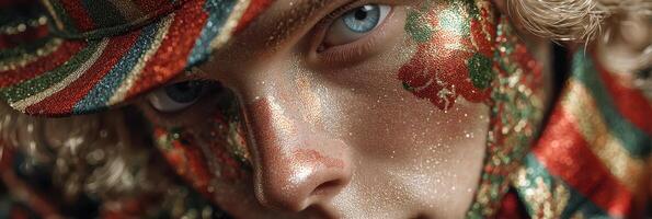 Close-up of a model with glittering face paint and colorful costume at a festive event during the evening photo