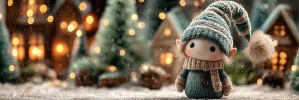 Cute elf doll stands in a winter wonderland with glowing lights and miniature houses in the background during the holiday season photo
