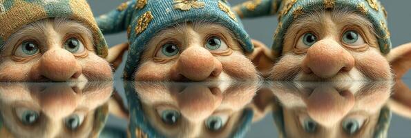 Cute gnomes with vibrant hats reflecting in a smooth surface, enchanting and whimsical scene photo