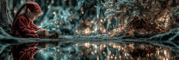 Child dressed as an elf sits quietly by a Christmas tree surrounded by soft lights and reflections in a magical forest setting photo