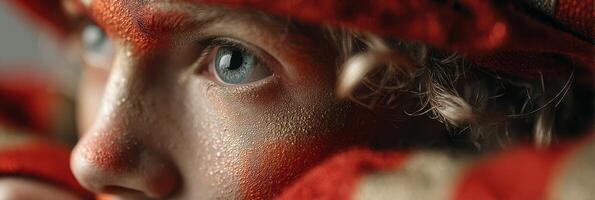 Child with striking blue eyes and colorful face paint gazes intently during cultural celebration in the afternoon sun photo