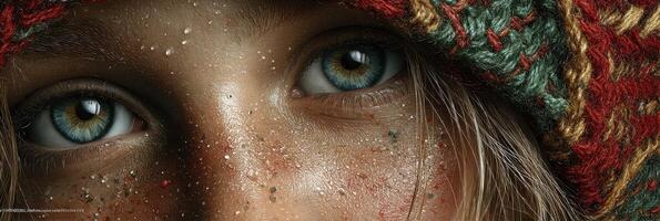 Captivating eyes sparkle with emotion in a close-up with nature elements during a winter day photo