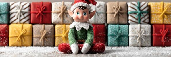 Festive elf surrounded by colorful wrapped gifts in a cheerful holiday setting with snowflakes on the ground photo