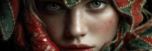 Expression of intense emotion captured in a close-up portrait featuring a person with striking eyes and unique face paint photo