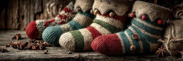 Cozy knitted socks decorated with buttons and pom-poms on rustic wooden background photo