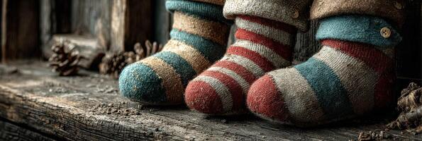 Cozy handmade striped socks resting on a rustic wooden surface near pine cones in a warm indoor setting photo