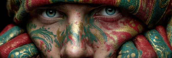 Person with intricate face paint shows vibrant artistry and emotion during cultural event in an intimate setting photo
