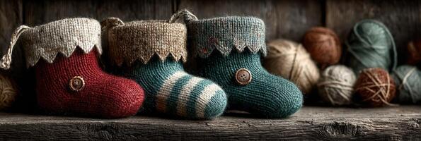 Colorful handmade knitted socks displayed on a wooden shelf with various yarn balls in a cozy setting photo