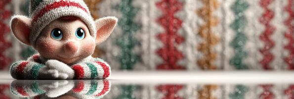 Cute elf character sitting on a reflective surface with a colorful knitted background during holiday season photo