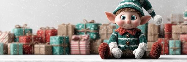 Charming elf doll among colorful presents in a festive setting just before the holiday season photo