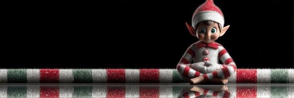 Cheerful elf doll sits on a festive striped surface with a dark background during the holiday season photo