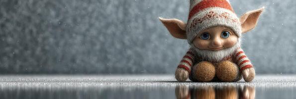 Cute elf doll sits on shiny surface near sparkling background during winter season photo