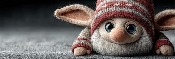 Cute elf figure with big eyes and warm hat resting on a gray surface in a cozy indoor setting photo