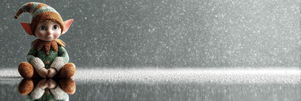 Cheerful elf doll sitting in a winter wonderland with soft snowflakes falling around photo