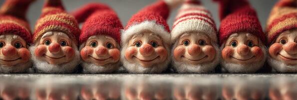 Cheerful toy elves with red hats lined up on shiny surface celebrating the holiday season photo