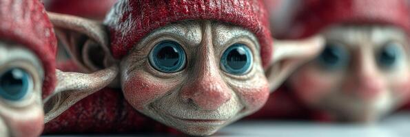 Small creatures with large eyes wearing red hats gathering together at a whimsical gathering photo