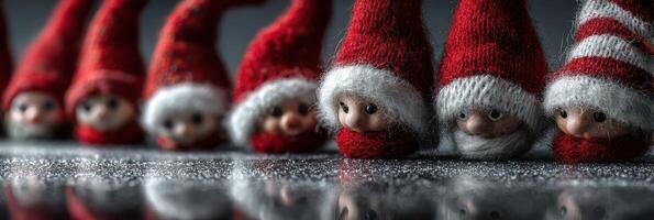 Nine little gnomes dressed in red and white hats gather together on a reflective surface during the winter season photo