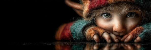 Curious child with large eyes wearing colorful cozy sweater and gloves poses playfully in a dark environment photo
