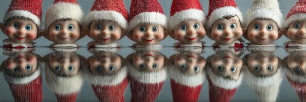 Christmas-themed display featuring smiling elf dolls wearing Santa hats reflecting on a shiny surface photo