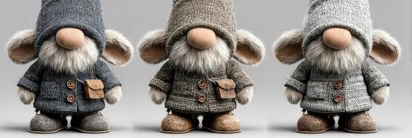 Cozy collection of plush gnome figures dressed in warm coats showcasing intricate craftsmanship and delightful details photo