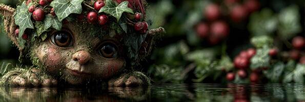 Mysterious creature with ivy crown resting by water in a lush forest during twilight photo