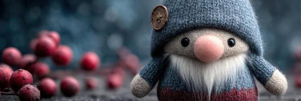 Cute handmade gnome character surrounded by decorative red berries in a cozy winter setting with soft lighting photo