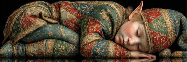 Sleeping child in colorful elf costume resting peacefully on a dark surface photo