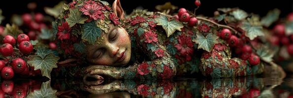 Sleeping child covered in leaves and berries by a serene body of water during a quiet afternoon in nature photo