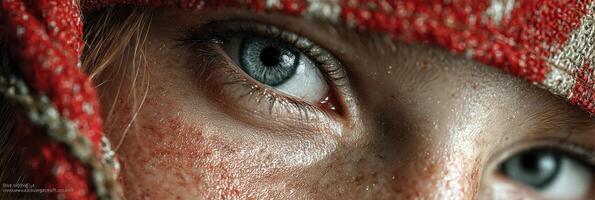 Close-up of a person's eye showcasing vivid blue iris and freckles, captured in a winter setting with a red and white knitted cap photo