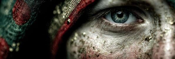 Detailed close-up of an adorned eye reflecting emotions during a cultural celebration in a vibrant setting photo