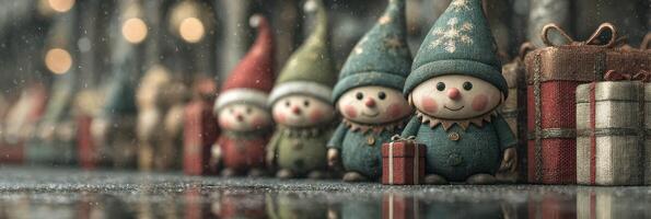 Festive holiday decorations featuring smiling elf figurines and colorful gifts in a charming winter setting photo