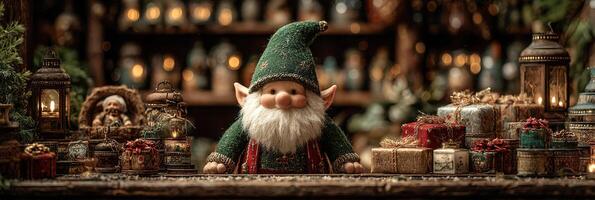 Festive gnome decorates wooden table with vintage gifts and lanterns in cozy holiday setting photo