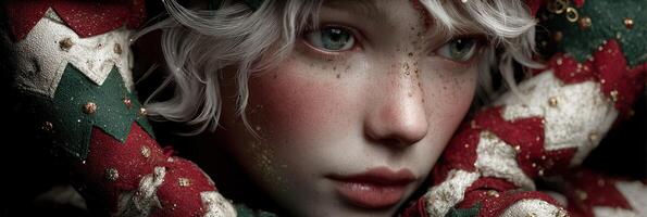 Young character with light hair and freckles wearing a festive outfit captured in a close-up with an artistic background photo