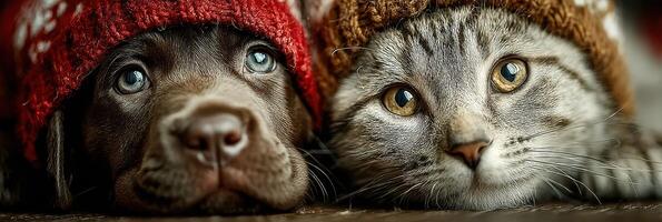 Cute puppy and kitten wearing cozy hats resting together indoors during winter photo
