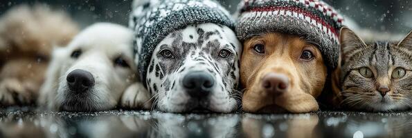 Dogs and cat wearing winter hats lie together in snow, showcasing friendship and warmth during cold weather photo