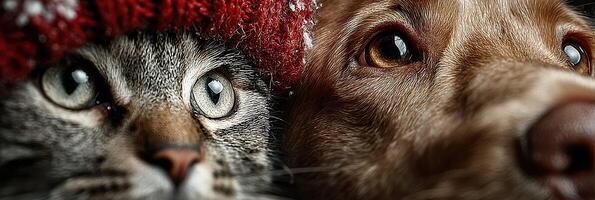 Fond moments shared between a cat and a dog wearing a knitted hat during winter festivities at home photo