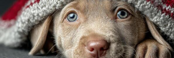 Playful puppy snuggles under cozy blanket in a warm indoor setting during a relaxed afternoon photo