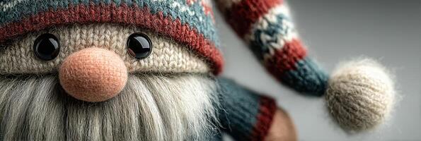 Festive knitted gnome with a colorful hat and fluffy beard ready for holiday celebrations photo