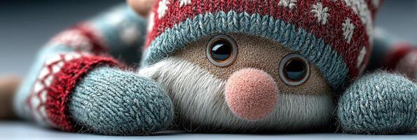 Cute knitted toy gnome lying on a soft surface, showcasing detailed craftsmanship and cozy design elements during winter season photo