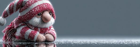 Charming gnome in a red and white striped hat relaxing on a winter day indoors photo
