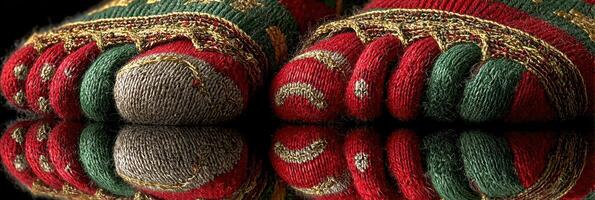 Colorful knitted socks lying on a reflective surface with festive patterns and intricate designs during winter photo