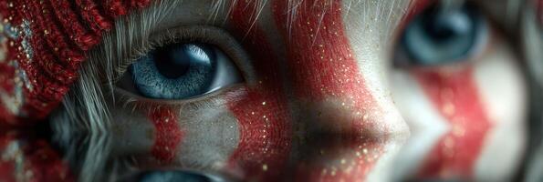 Intricate close-up of a doll with striking blue eyes and red paint patterns on its face set against a blurred background photo