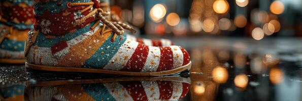 Colorful knitted boots reflect in puddles during a festive winter celebration downtown at night photo