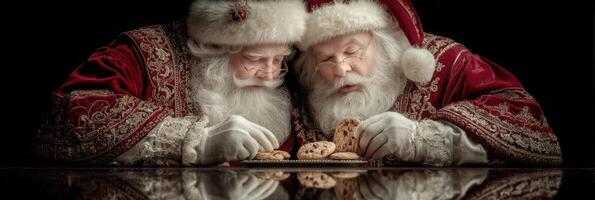 Two Santa Clauses enjoying cookies during a festive celebration at night photo
