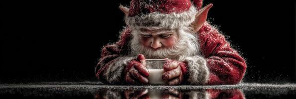 Santa enjoying milk in a winter wonderland atmosphere with snowflakes floating around photo