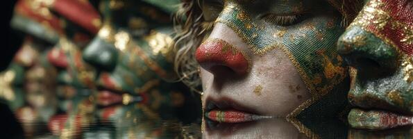 Colorful painted faces reflect in calm water during an artistic performance with unique expressions and textures at an indoor venue photo