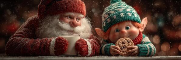 Santa and a cheerful elf enjoying cookies and milk during a festive winter night in a cozy setting photo